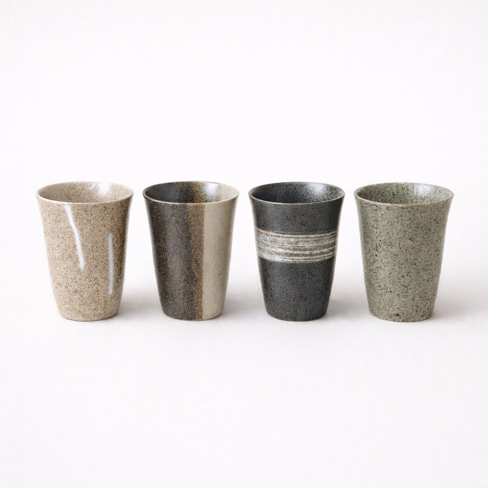 Hand-Painted Ceramic Tea Cups Set of 4 | Neutral Stoneware | Modern Minimalist